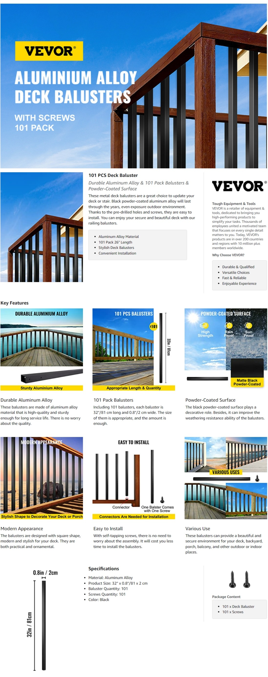 TMEE 44"Metal Staircase Baluster With Screws Deck Spindles And Stairs Railing For Outdoor Stair Deck Porchhollow 15 Packs Teew1027 - View #3